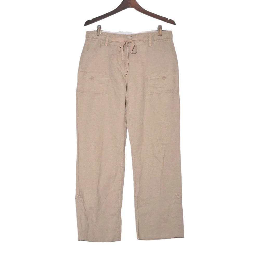 H&M Pants Womens Size 8 Khaki Linen Cotton Blend Drawstring Coastal Vacation